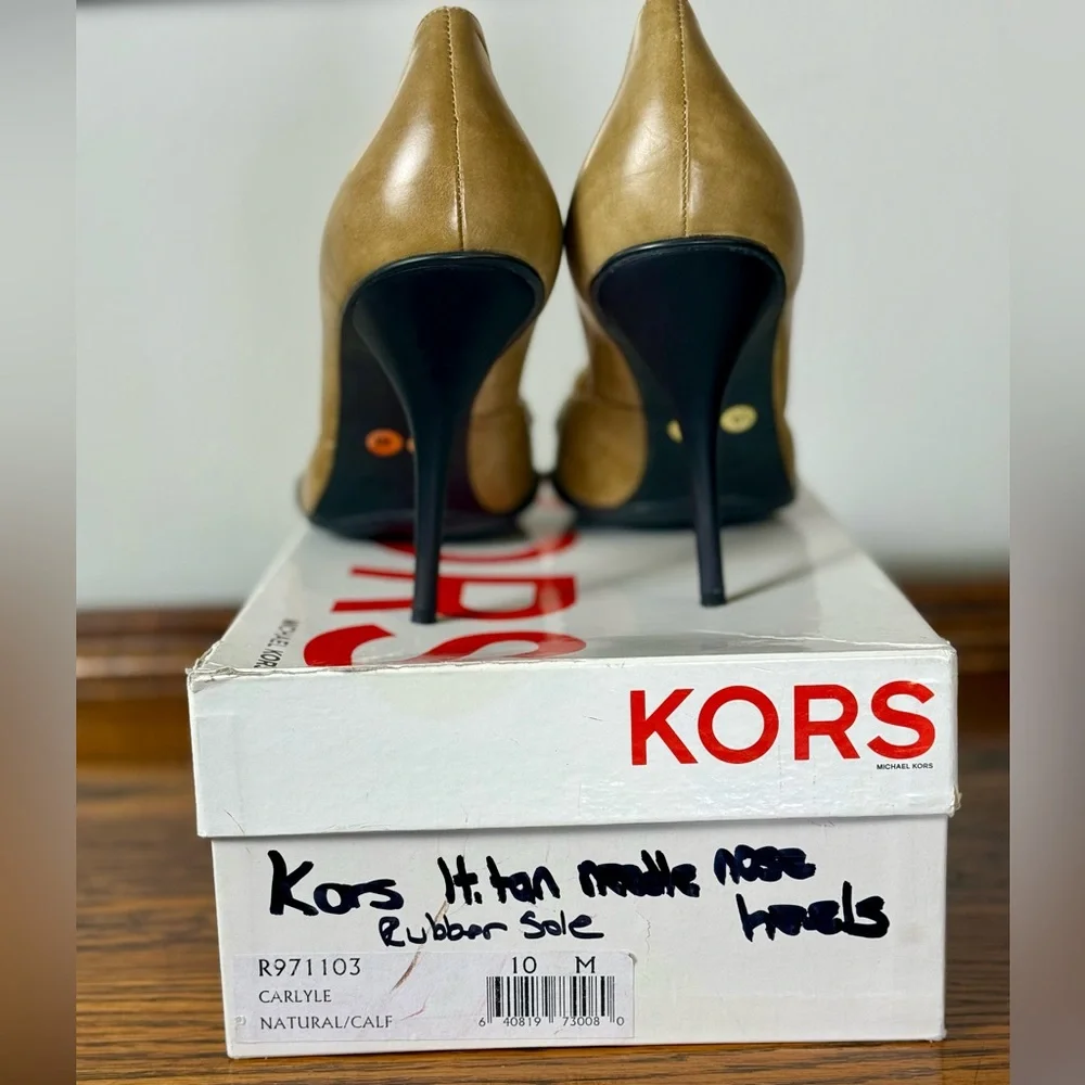 KORS Michael Kors Y2K Tan Leather Penny Loafer Rubber Sole Pump Heels Size 10M